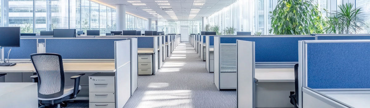 Modern open office with multiple cubicles and partitions, showcasing cubical Nameplate holders