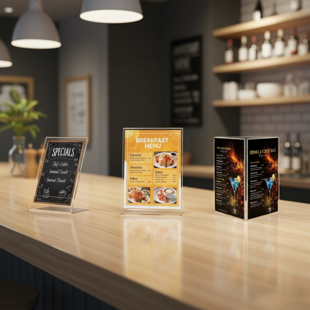 Assorted acrylic menu stands and sign holders displayed on a restaurant table