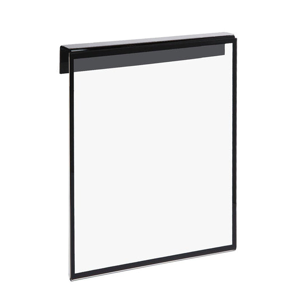 Double-sided glass partition nameplate holder with color border for office cubicle showing clear acrylic panel sign for 1/4 inch glass partition with bulk pricing available