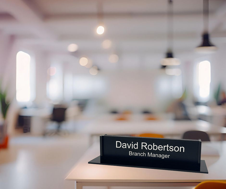 Modernize Your Workspace with the Black Acrylic Double-Sided Name Plate Holder