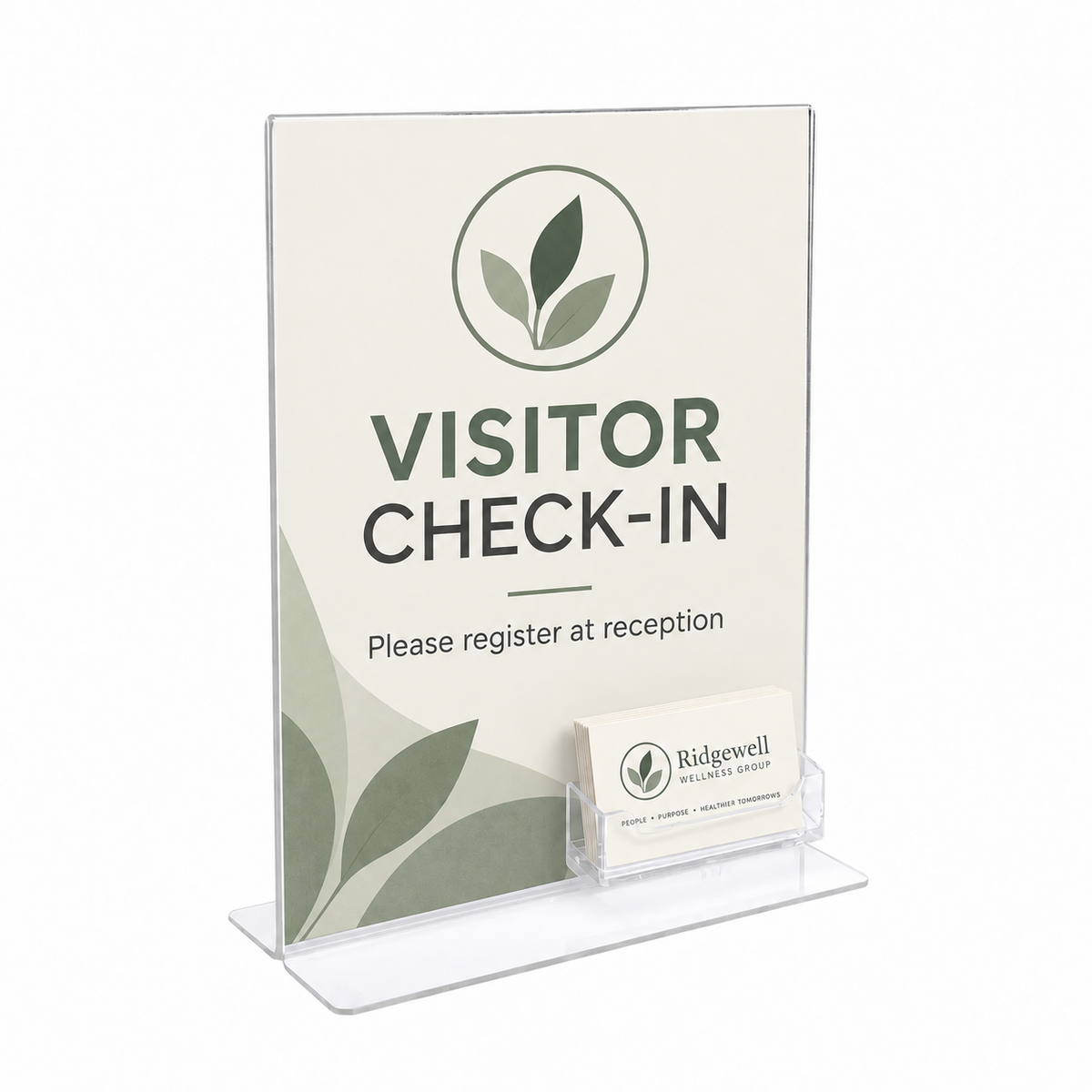 Clear acrylic vertical sign holder displaying a 'Visitor Check-In' sign with green leaf graphics and a small clear acrylic business card holder containing a Ridgewell Business Group card, on a white background.