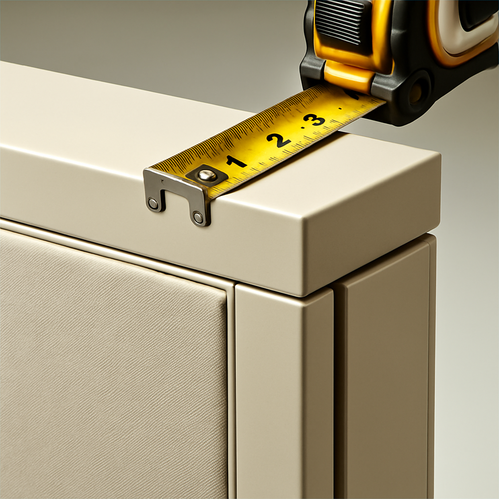 Measuring cubicle partition with tape measure for name plate holder sizing