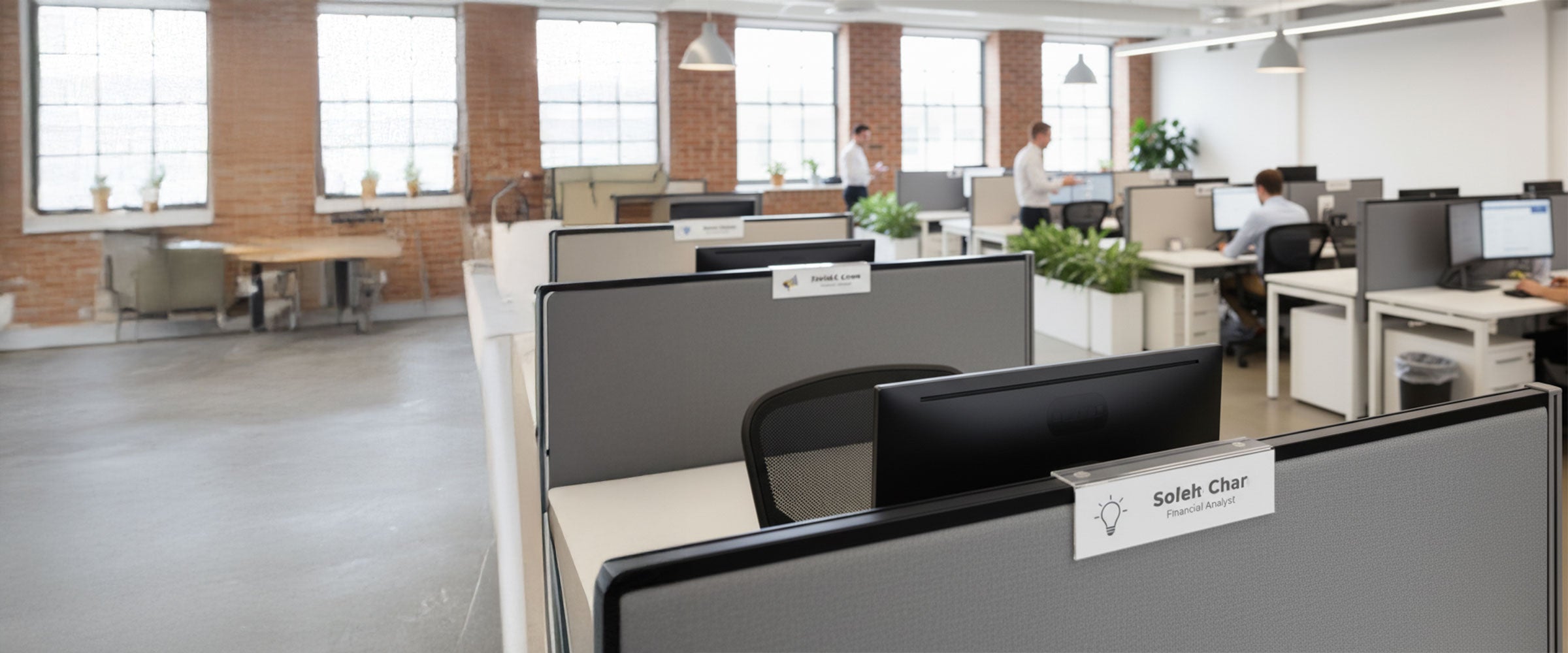 Double-sided acrylic cubicle nameplate holders and office sign frames installed in corporate office partitions.