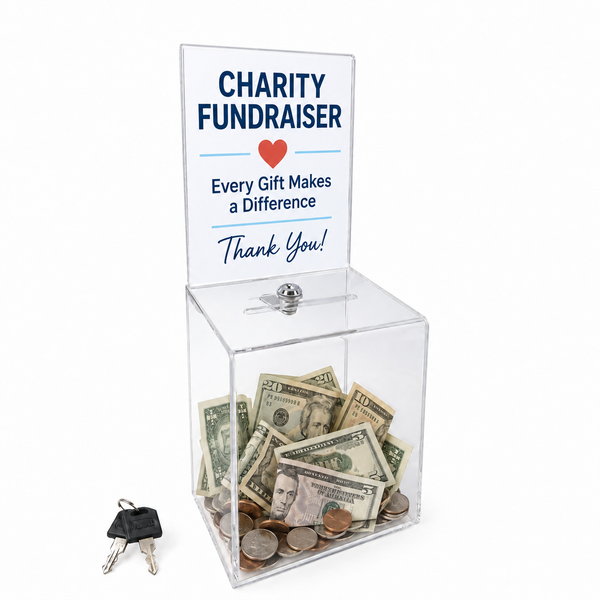 Clear acrylic locking donation box with 6-inch by 8-inch sign holder