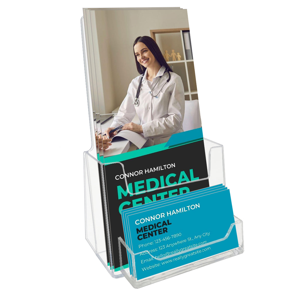 Brochure holder with card holder - 4-1/8" wide